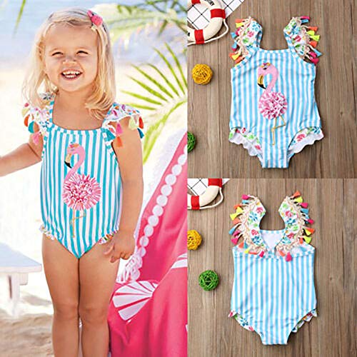 Carolilly Bañador para Niña Traje de Baño Niña de Una Pieza Conjunto de Bikini Niñas Estampado de Flamenco de Rayas Azules con Volante en Hombros y Flecos Multicolores