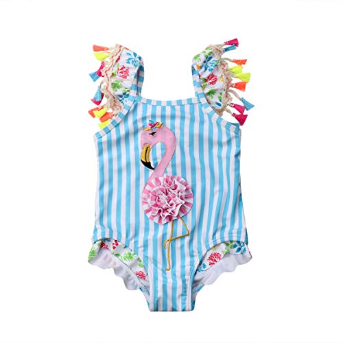 Carolilly Bañador para Niña Traje de Baño Niña de Una Pieza Conjunto de Bikini Niñas Estampado de Flamenco de Rayas Azules con Volante en Hombros y Flecos Multicolores