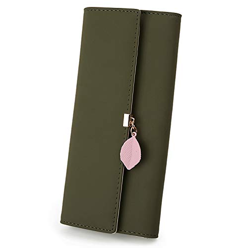 Cartera de Mujer - UTO Monedero Largo Adorno Hoja Colgante Cartera Minimalista con Bolsillo de Cremallera para Monedas Verde Hierba