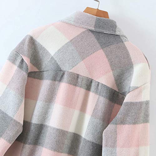 Chaqueta a Cuadros para Mujer con Botones Chaqueta Transición Sobrecamisa Cuadros con Bolsillos Camisa Ligera Manga Larga Estilo Boyfriend Otoño Moderno (Grey Pink, M)