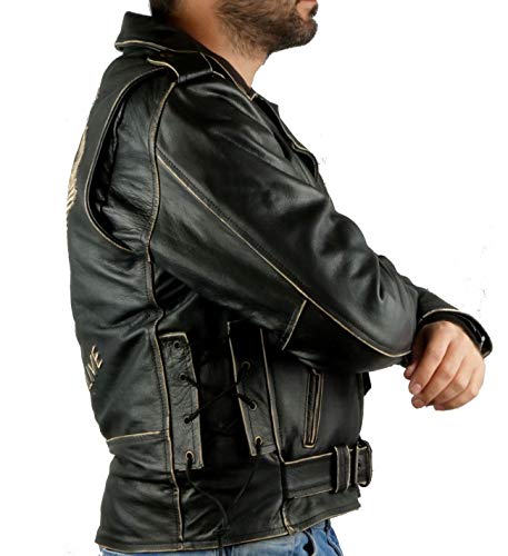 Chaqueta de moto de cuero envejecido de gran calidad,modelo AGUILA by Iguana Custom Collection cruzada con grabado, protecciones homologadas y forro térmico desmontable. (2XL)