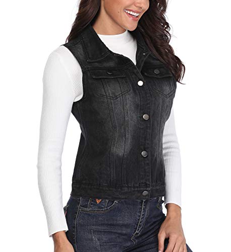 Chaqueta Mezclilla de Mujer Chaleco Jean Negro Bolsillos Occidentales con Botones de Pecho Abotonado Collar sin Mangas - M