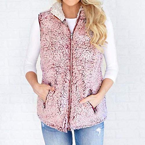 Chaquetas Mujer Otoño Invierno Elegantes Termica Polares Chalecos De Piel Casuales Modernas Casual con Cremallera Sin Mangas Fashion Piel Sintética Outerwear Mujer Chaleco (Color : Rosa, Size : SG)