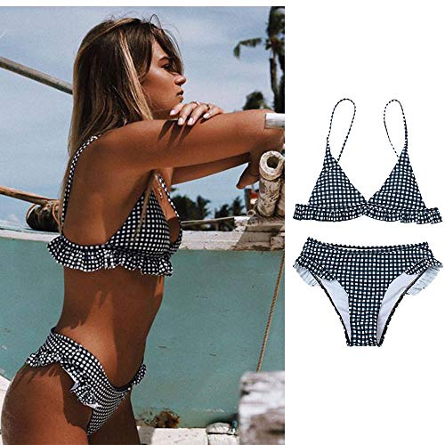 CheChury 2021 Mujer Conjuntos De Bikini De Talle Alto Volantes Dos Piezas Traje de baño Brasileños Halter Push up Acolchado Tartán Cuello V BañadorAs Triángulo Relleno