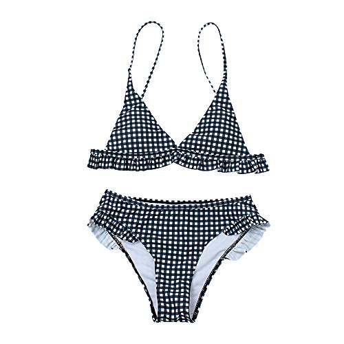 CheChury Conjunto de Bikini con Relleno Push Up Triangular Tartán Sexy Retro Brasileños Mujer Traje De Baño Bikini Mujer Dos Piezas Tartán Cuello Halter Volante Volantes Acolchado Bra