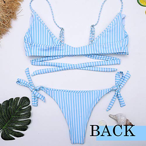 CheChury Conjunto de Bikinis Mujeres Rayas Bañador con Tirantes Traje De Baño Push up Cuello en V Sexy Halter Bikini Traje de Baño