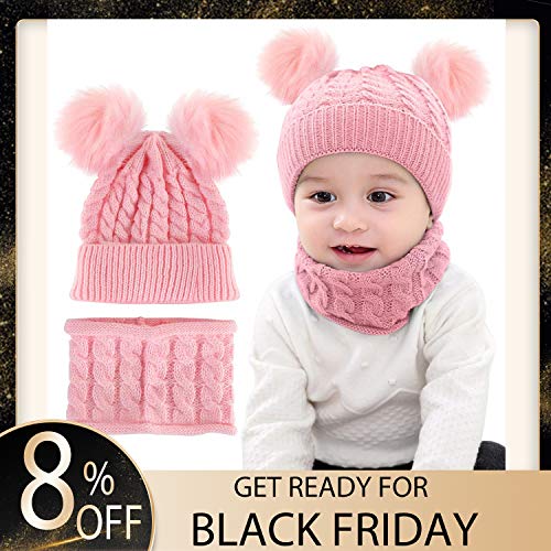 CheChury Conjunto de Bufanda y Gorro de Punto Unisex Niños Niñas Invierno cálido Punto Beanie Gorros con Pompon Bufanda de Punto Cuello Redondo Bebé