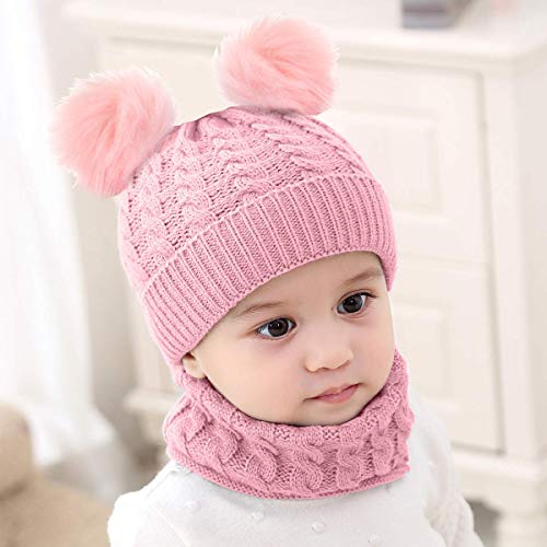 CheChury Conjunto de Bufanda y Gorro de Punto Unisex Niños Niñas Invierno cálido Punto Beanie Gorros con Pompon Bufanda de Punto Cuello Redondo Bebé