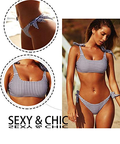 CheChury Conjuntos De Bikini De Talle Alto a Tartán Sexy Retro Brasileños Mujer Traje De Baño Cuello Halter Crop Top Push Up Bra Bikini Anudado Tiras Tanga Braga Bikini Triangulo