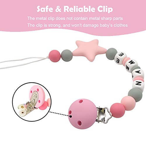 Chupetero Mordedor Personalizado con Nombre Niño Bebe Chupetero Cadena Pinza Silicona Soothie Clip Chupete Chicas (Rosa)