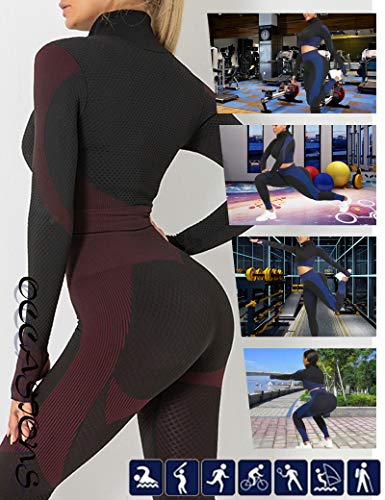 CINDYLOVER Conjunto Deporte Yoga Chándales 2 Piezas - Ropa Fitness para Mujer Pantalón Leggins Deportiva Top de Running de Manga Larga Ropa Deportiva sin Costura Rojo M