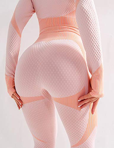 CINDYLOVER Conjunto Deporte Yoga Chándales 2 Piezas - Ropa Fitness para Mujer Pantalón Leggins Deportiva Top de Running de Manga Larga Ropa Deportiva sin Costura Rosa XL