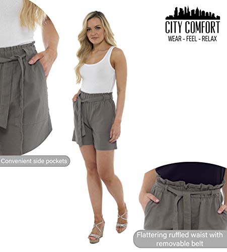 CityComfort Shorts de Lino para Mujer Mujeres Pantalones Cortos de Lino para el Verano, Vacaciones, Playa | Cintura de Bolsa de Papel de Moda (50, Caqui)