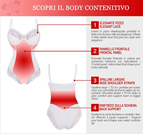 Classic Lady Body Reductor para Mujer en Copas C - Faja Moldeadora sin Aros con Encaje - Body Interior de Microfibra Forrada de algodón, Frontal Reforzado para un Vientre Plano (Blanco, 85C)