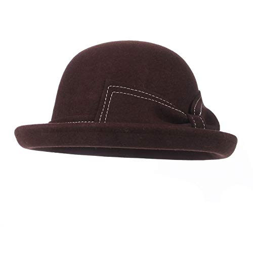 Cloudkids Sombrero de Vestir de Lana para Mujer - Lana 100% -Redondas Arco Cloche Derby Cubo Sombreros Fedora Otoño- diseño Vintage de los años 20，Color Café (Tamaño 57CM)