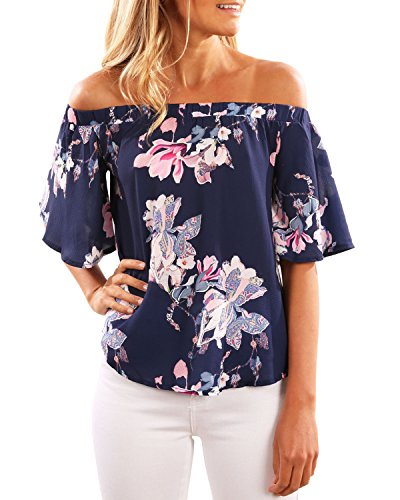 CNFIO - Blusa informal para mujer, hombros descubiertos, manga corta, estilo retro y bohemio, diseño elegante, ideal para el verano, la playa o fiestas, estampado floral