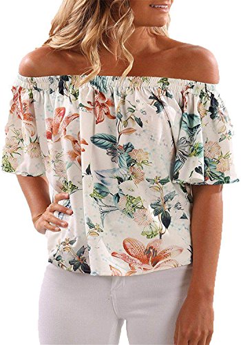 CNFIO - Blusa informal para mujer, hombros descubiertos, manga corta, estilo retro y bohemio, diseño elegante, ideal para el verano, la playa o fiestas, estampado floral