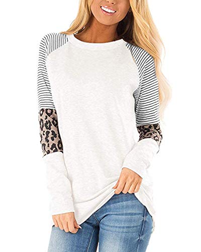 CNFIO Camisetas Mujer Manga Larga Leopardo Raya Cuello Redondo Blusas para Mujer Suelta Tops Mujer Fiesta