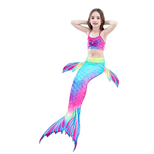 Cola de Sirena para Natación Traje de Baño 4pcs Mermaid Bikini con Monofín Establece para Niña Disfraz de Sirena Princesa Cosplay Conjuntos