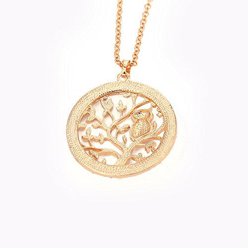 Collar de moda para mujer, cadena larga con colgante de árbol de la vida y búho con cristal Placcato Oro