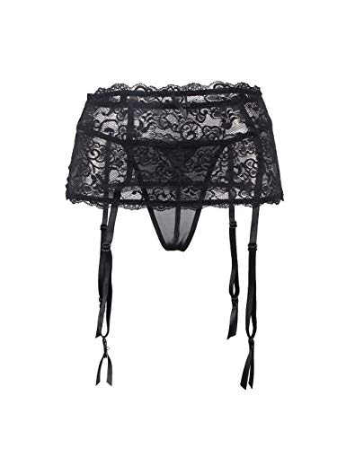 comeondear Mujer Liguero con Encaje de Cintura Alta Talla Grande para Medias con Tanga Garter Belt(Negro,XS-S)