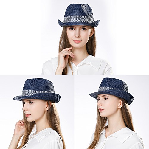 Comhats Paja Unisex Sombrero Hombres Empacables Mujeres Fedora Trilby Panamá Verano ala Corta Azul Marino M