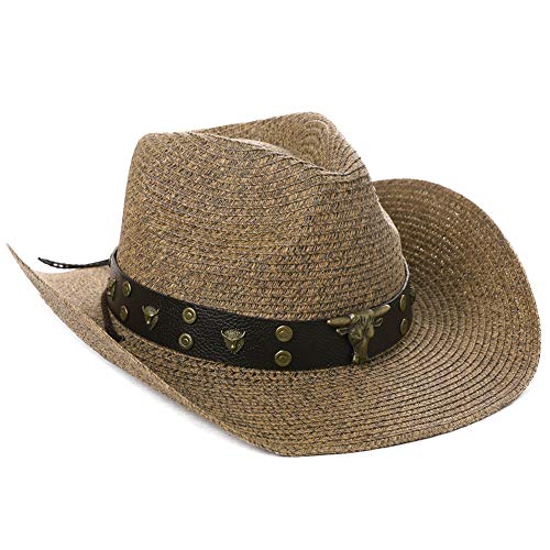 Comhats Sombrero de vaquera unisex occidental Outback de paja natural de verano sombrero de sol de playa con correa de barbilla