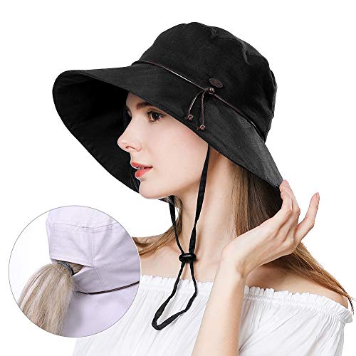 Comhats Sombrero de Verano para Mujer (protección UV 50+, con Correa para la Barbilla) Negro M