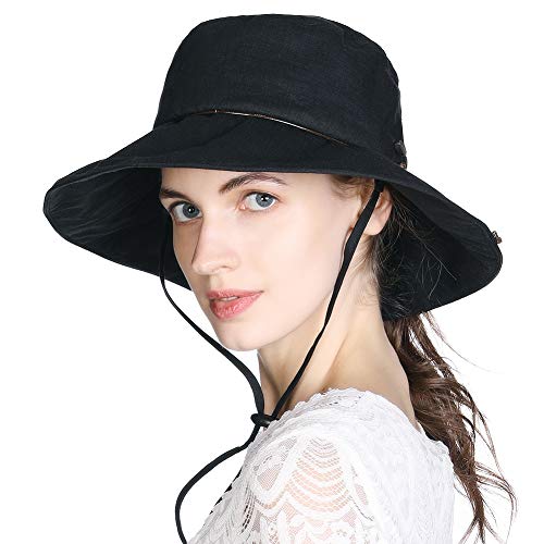 Comhats Sombrero de Verano para Mujer (protección UV 50+, con Correa para la Barbilla) Negro M