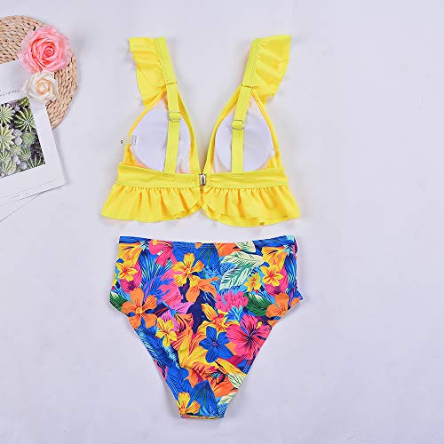 Conjunto de Bikini con Volantes Push up, 2 Piezas de Talle Alto, Cuello en V Profundo, Traje de baño de Playa Acolchado para Mujer (Amarillo, XL)