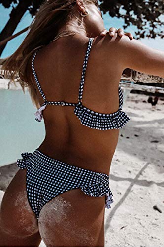 Conjunto de Bikini de Impresión a Cuadros con Volantes para Mujer Traje de Baño de Playa Acolchado Traje de Baño de Bikini de 2 Piezas