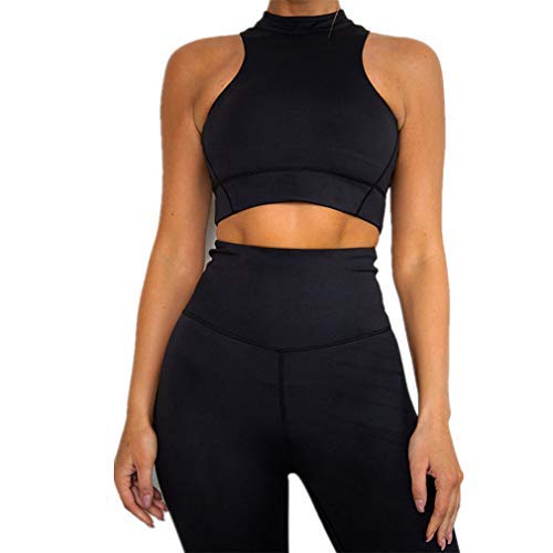 Conjunto Ropa Deportiva Mujer, Morbuy Deportivos Entrenamiento Fitness Yoga Top y Pantalones Leggings Raya Lateral Set Chandal Estampada Running Pilates (S,Negro Fluorescente)