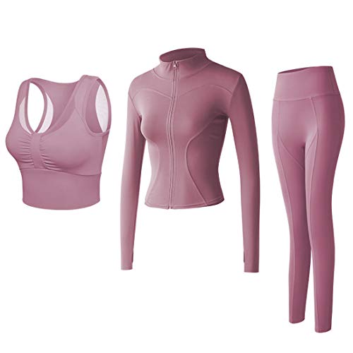 Conjunto Yoga 3 Piezas Ropa Fitness Entrenamiento, Top Pantalones y Chaqueta de Yoga Súper Elásticos. Leggings+Bralette para Mujer+Chaqueta de Manga Larga Mujer (Rosa, S)