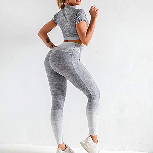 Conjunto Yoga Ropa Fitness Conjunto Deporte Mujer Pantalones Leggings De Yoga Súper Elásticos Sin Costuras y Camiseta Deportiva De Manga Corta Sin Costuras para Mujeres Gym Running Yoga (Blanco, M)