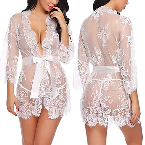 Conjuntos de lencería para Mujer Transparente Ropa de Dormir con Tanga Lenceria Erotica Babydoll Ropa Interior (M, Blanco)