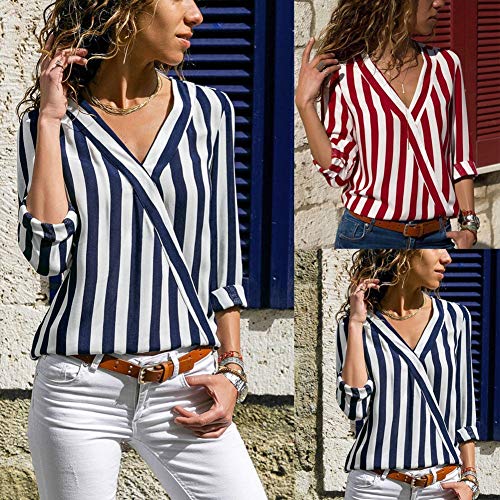 Course Camiseta Raya Mujer Manga Larga Casual Blusa Suelto para Oficina Shirt Verano Playa y Fiesta Top Verano Mujer Camisa Azul