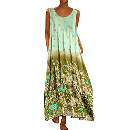 COZOCO Vestido Informal de Gran tamaño con Estampado Floral sin Mangas Vestido Suelto Fiesta Larga sin Mangas Vintage Largo Fiesta Vestidos para Mujer (EU-44/CN-3XL, Green)