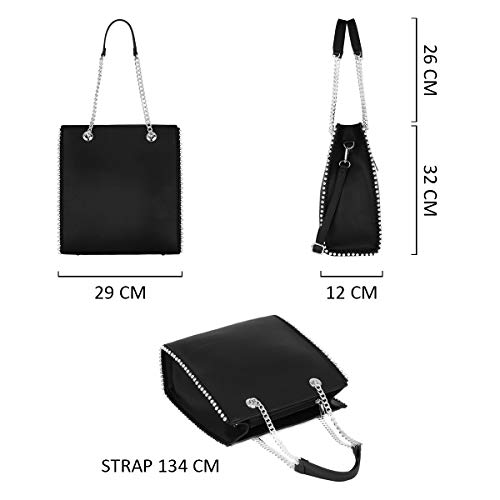 CRAZYCHC - Bolso de Mano Cadena Mujer - Shopper Tote Remaches Perlas - Bolsos de Hombro Cuero Piel PU Mediano - Bolso Compras Rectangular Shopping Bag - Elegante Moda Tendencia Designer - Negro