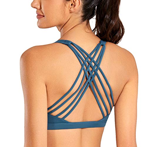 CRZ YOGA Sujetador Deportivo Mujer Sujetador de Yoga Almohadillas Extraíbles Strappy Sports sin Aros Azul de Gasolina S