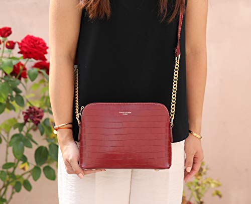 David Jones - Pequeño Bolso Bandolera Cadena Piel Cocodrilo Mujer - Bolsos de Hombro Cruzado Cuero PU - Mensajero Crossbody Bag - Bolso Mano Zip Embrague Clutch Pochette Noche Diario Vida - Rojo