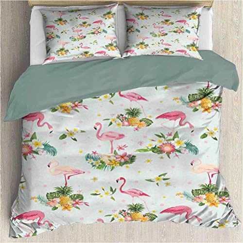 DayDayFun Juego de edredón de 3 Piezas Patrón de Flamenco Funda de Cama Flamingo Bird Flores Tropicales Frutas Pines Arte de Estilo Vintage Tamaño Completo Amarillo Verde Rosa pálido