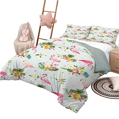 DayDayFun Juego de edredón de 3 Piezas Patrón de Flamenco Funda de Cama Flamingo Bird Flores Tropicales Frutas Pines Arte de Estilo Vintage Tamaño Completo Amarillo Verde Rosa pálido