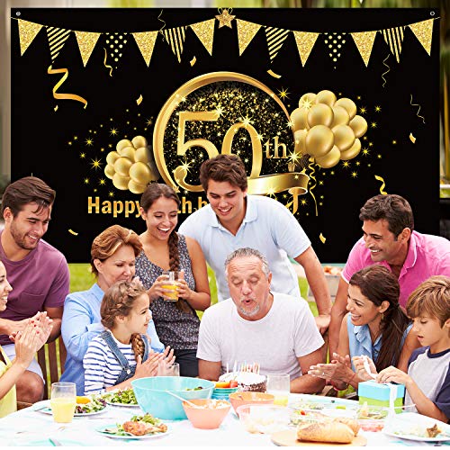 Decoración de Fiesta de 50 Cumpleaños, Póster de Señal de Tela Extra Grande para 50 Aniversario Fondo de Foto Pancarta de Fondo, Materiales de Fiesta de 50 Cumpleaños (Negro Dorado)