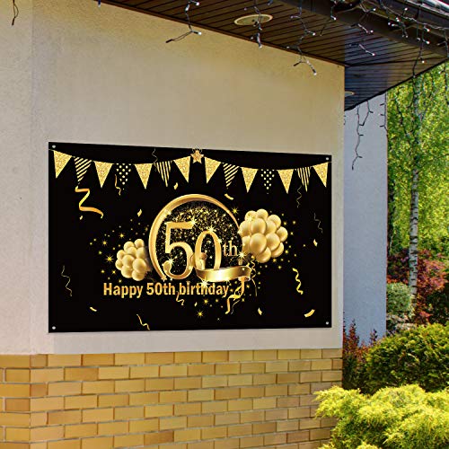 Decoración de Fiesta de 50 Cumpleaños, Póster de Señal de Tela Extra Grande para 50 Aniversario Fondo de Foto Pancarta de Fondo, Materiales de Fiesta de 50 Cumpleaños (Negro Dorado)