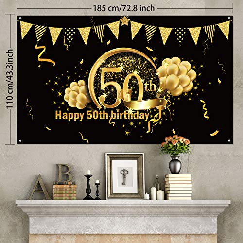 Decoración de Fiesta de 50 Cumpleaños, Póster de Señal de Tela Extra Grande para 50 Aniversario Fondo de Foto Pancarta de Fondo, Materiales de Fiesta de 50 Cumpleaños (Negro Dorado)