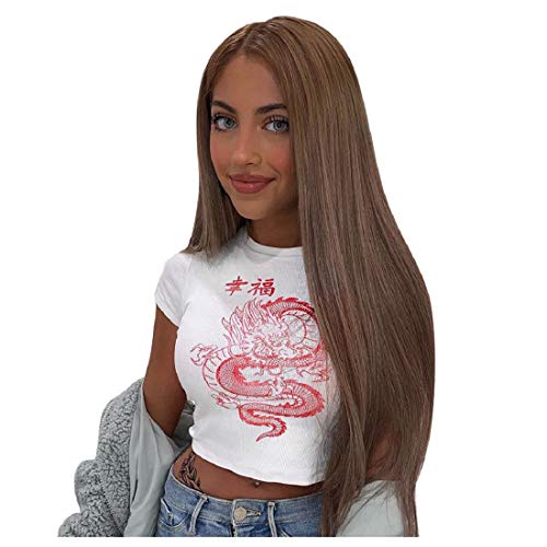 DEELIN Camiseta de Manga Corta para Mujer Chino Personaje Dragón impresión Casual Tanque Camiseta Streetwear Señoras O-Cuello Blusa Top