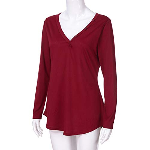 DEELIN Las SeñOras De Moda De OtoñO E Invierno De Las Mujeres De Color SóLido De Moda Salvaje BotóN De Manga Larga con Cuello En V Camiseta Camiseta Superior (XL, Rojo)