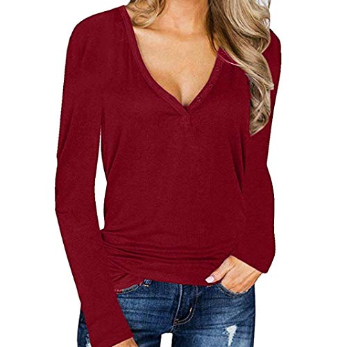 DEELIN Las SeñOras De Moda De OtoñO E Invierno De Las Mujeres De Color SóLido De Moda Salvaje BotóN De Manga Larga con Cuello En V Camiseta Camiseta Superior (XL, Rojo)