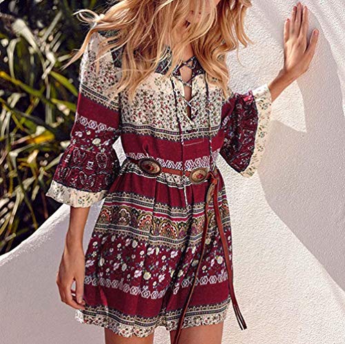 DEELIN Mujeres Bohemia Vestido, Mujeres Verano Impresión Floral Tres Cuartos Manga Boho Vestido Señoras Vestido De Fiesta De Noche