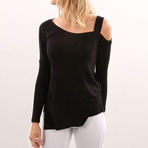 DEELIN Personalidad De La Moda De Las Mujeres Casual Color SóLido De Manga Larga Off Shoulder Tops Camisa Camiseta Larga Camiseta Negro (L, Negro)